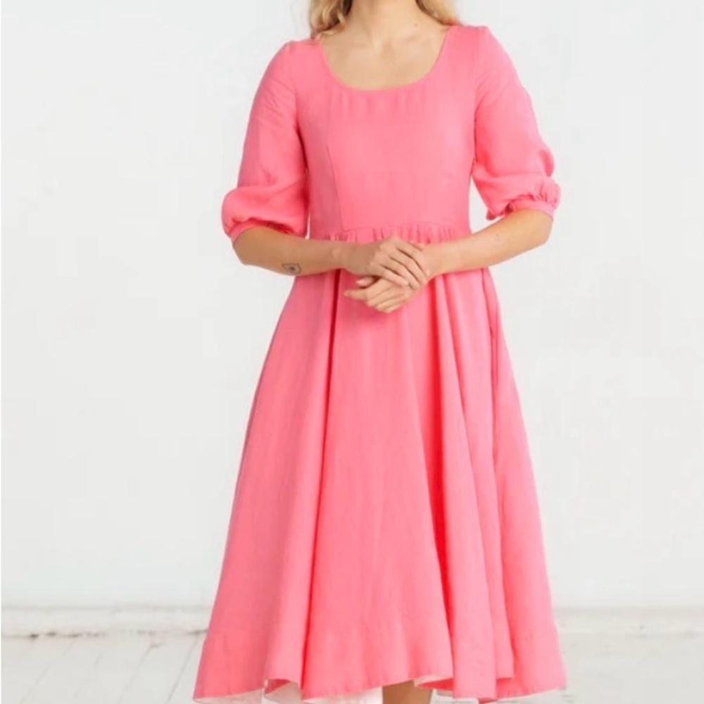 Son De Flor Carmen linen dress 3/4 sleeves peony pop XS